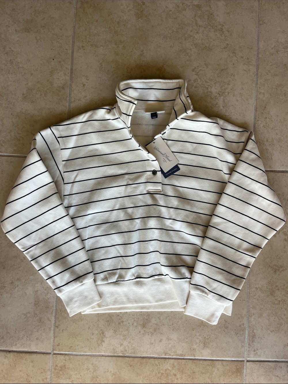 XS Classic Striped Quarter‑Zip Pullover Sweater - Cream with Black Stripes